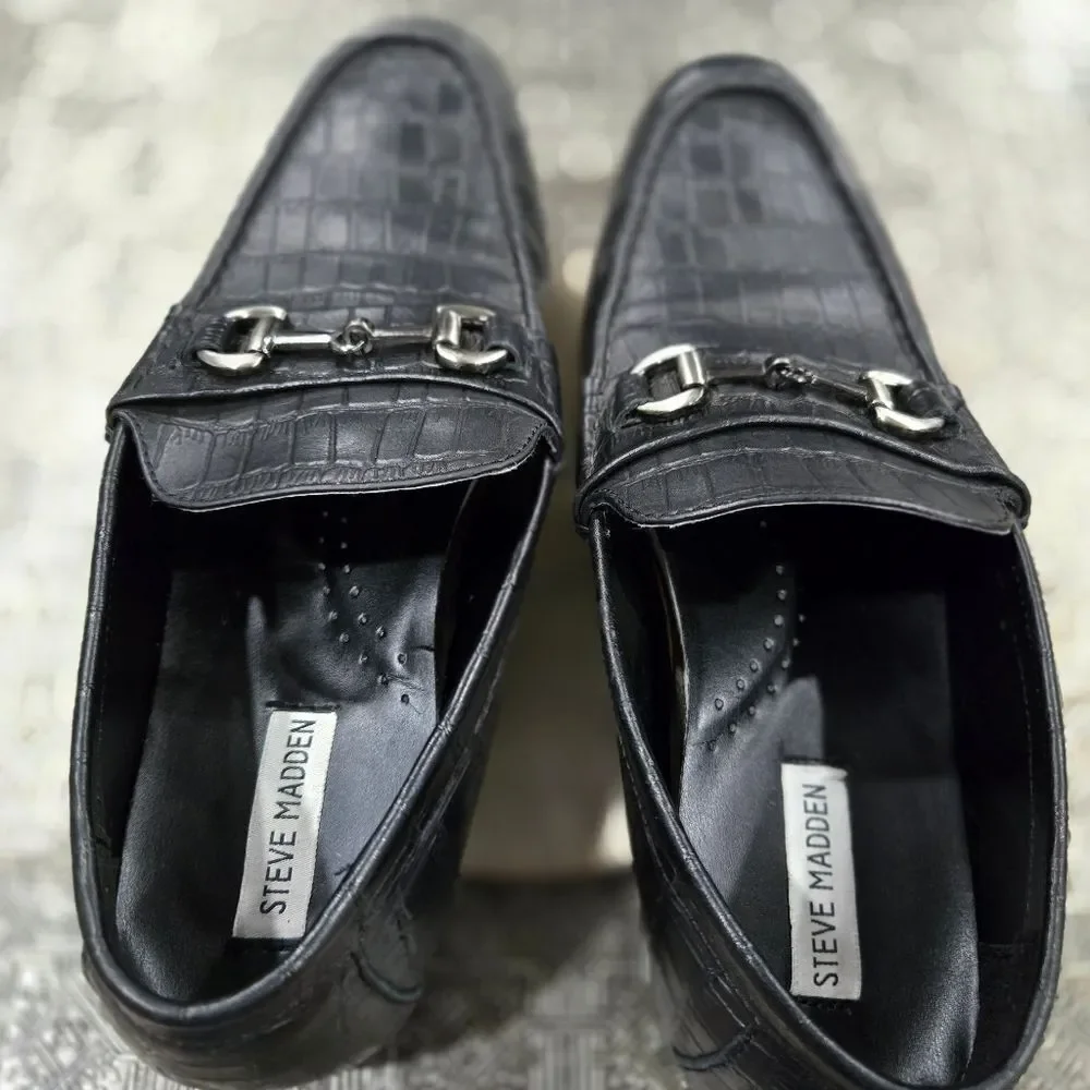 🐢 Steve Madden P-Donnel Black Croc Embossed Men's Leather Loafer - Size 10.5
